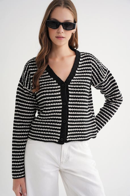 Randig V-ringad knäpp-fram ribbad stickad cardigan - Image 3