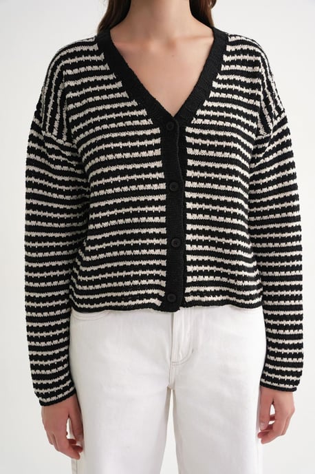 Randig V-ringad knäpp-fram ribbad stickad cardigan - Image 5
