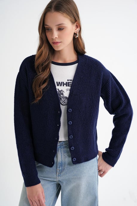 Gestructureerde V-hals Knop Cardigan - Image 3