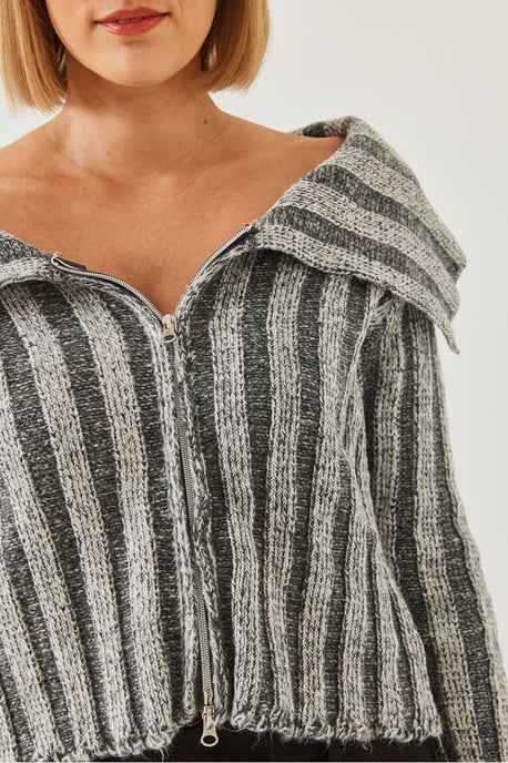 Gestreepte Fitted Crop Cardigan met Capuchon en Rits - Image 3