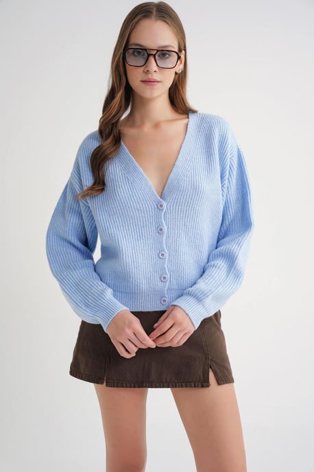 Gestructureerde V-hals Knopen Cardigan - Image 3