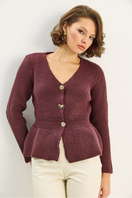 Geribde Lange Mouwen V-Hals Cardigan met Knopen - Image 3