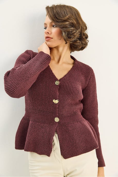 Geribde Lange Mouwen V-Hals Cardigan met Knopen - Image 4