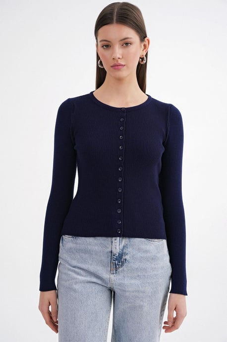 Geknoopte Slim Fit Geribbelde Brei Cardigan - Image 2