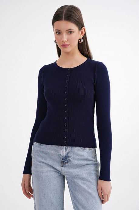 Geknoopte Slim Fit Geribbelde Brei Cardigan - Image 3
