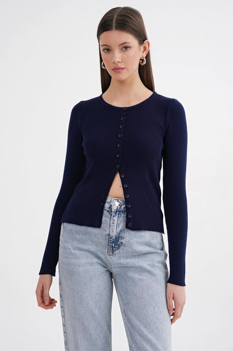 Geknoopte Slim Fit Geribbelde Brei Cardigan - Image 5