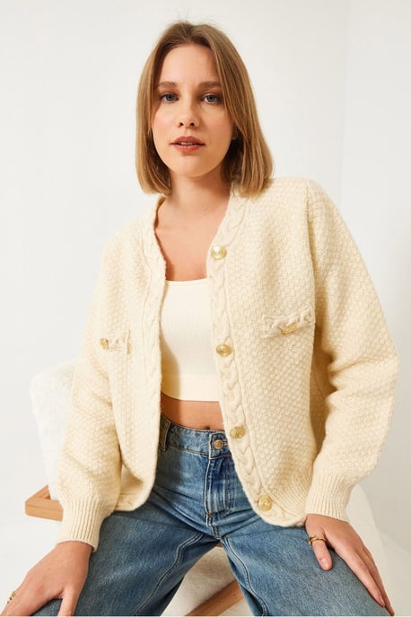 Texturerad stickad cardigan med knappstängning - Image 3