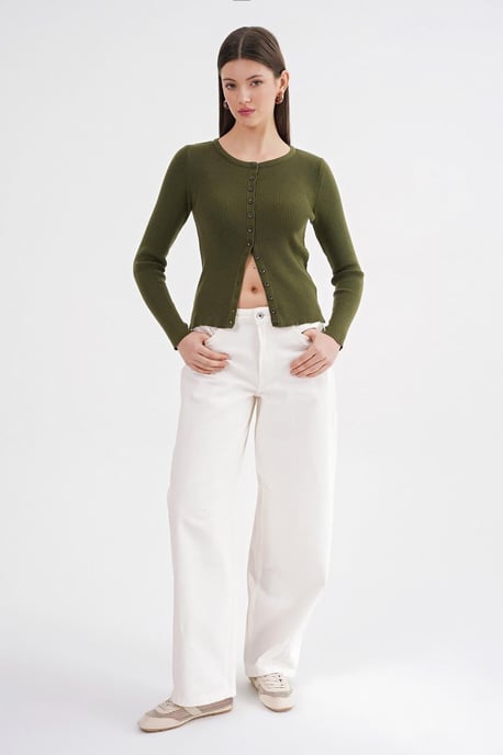 Knappad Slim Fit Ribbad Stickad Cardigan - Image 2