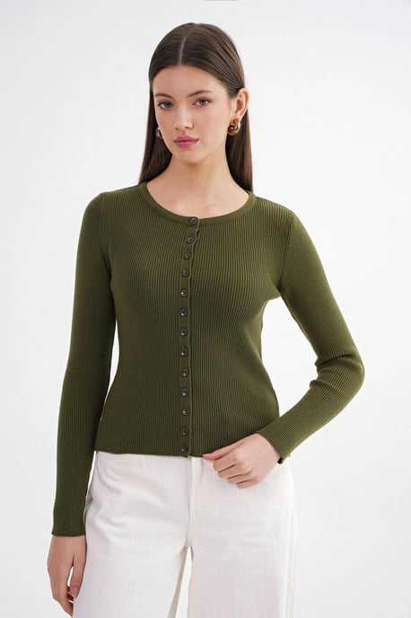 Knappad Slim Fit Ribbad Stickad Cardigan - Image 3