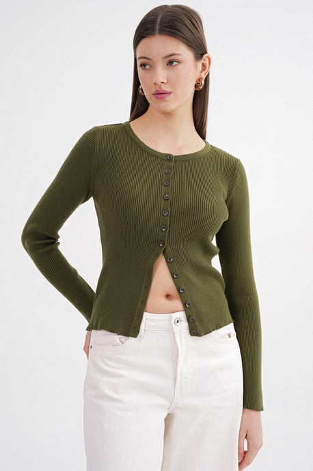 Knappad Slim Fit Ribbad Stickad Cardigan - Image 4