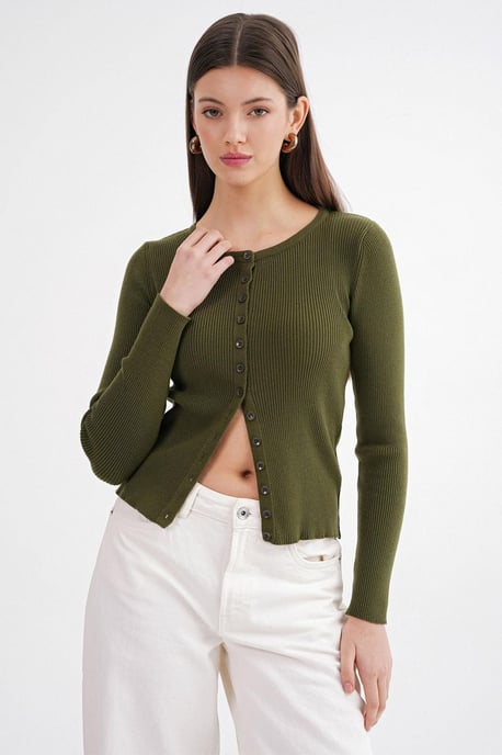 Knappad Slim Fit Ribbad Stickad Cardigan - Image 5