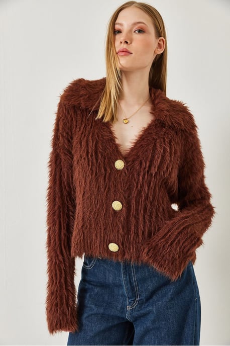 Texturerad V-ringad ribbad cardigan med faux päls - Image 2