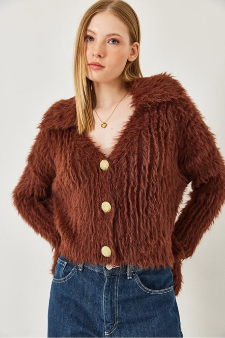 Texturerad V-ringad ribbad cardigan med faux päls - Image 3
