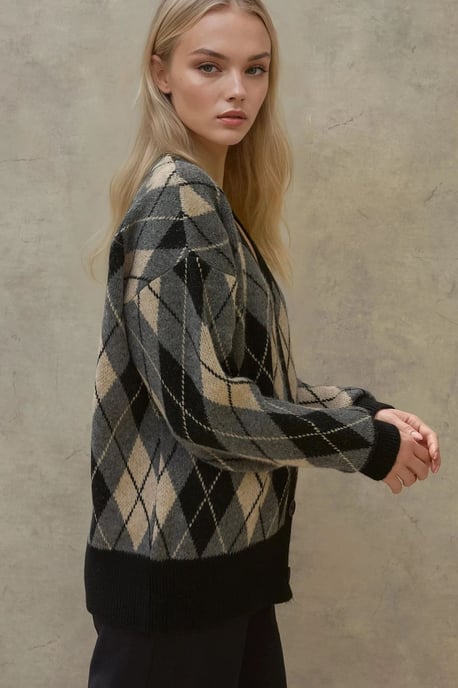 Lange V-hals Geometrische Gebreide Cardigan met Knopen - Image 3