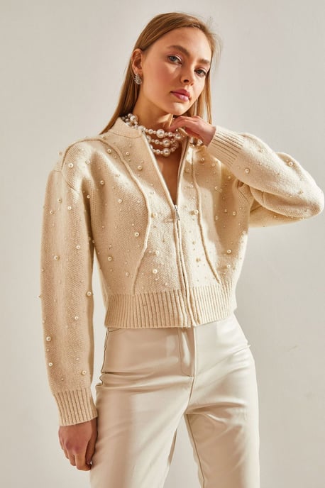 Pearl Embellished Zip-Up Crop Cardigan - Image 4