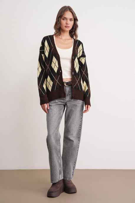 Oversized Argyle V-hals Knopen Cardigan - Image 2