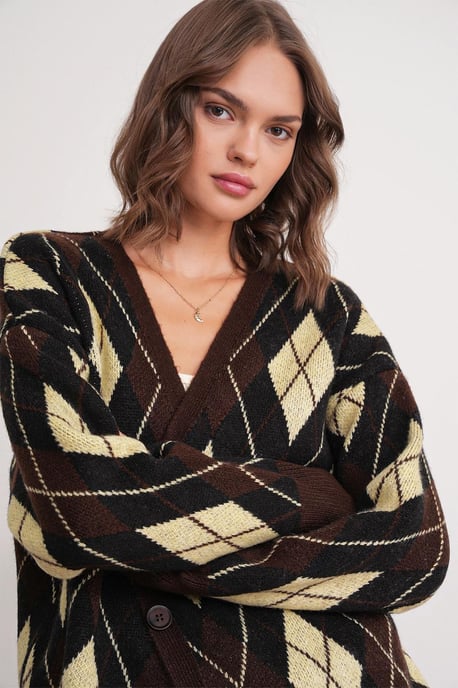Oversized Argyle V-hals Knopen Cardigan - Image 3