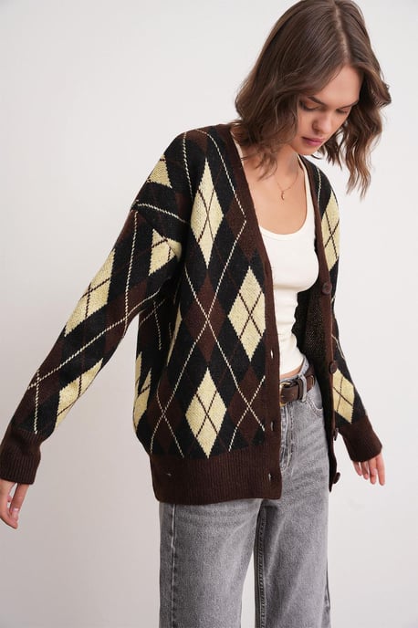 Oversized Argyle V-hals Knopen Cardigan - Image 4