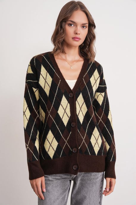 Oversized Argyle V-hals Knopen Cardigan - Image 5