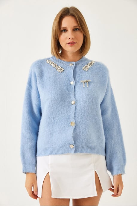 Embellished Crew Neck Long Sleeve Cardigan - Image 2