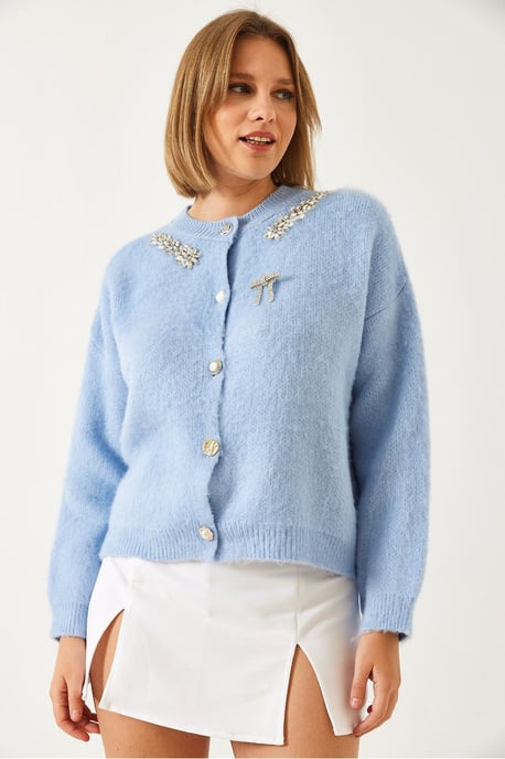 Embellished Crew Neck Long Sleeve Cardigan - Image 3