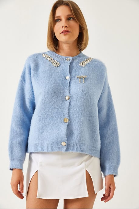 Embellished Crew Neck Long Sleeve Cardigan - Image 4