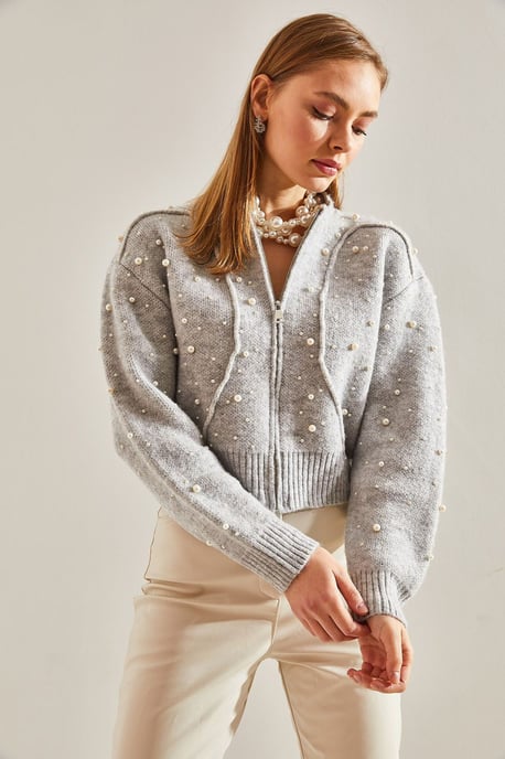Pearl Embellished Zip-Up Crop Cardigan - Image 2