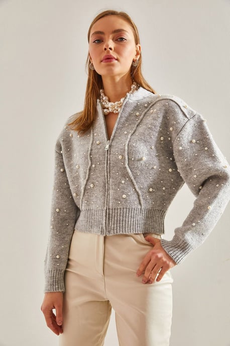 Pearl Embellished Zip-Up Crop Cardigan - Image 4