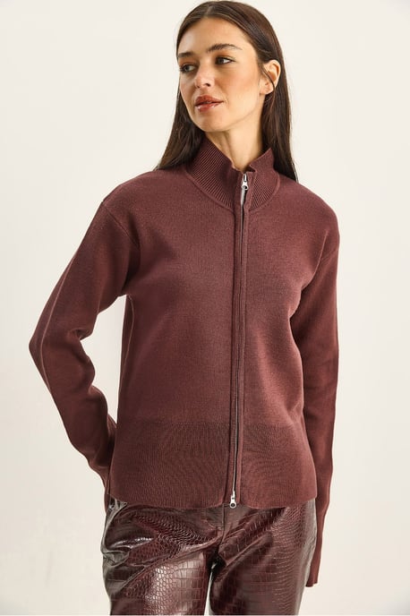 Halvstående Turtleneck Ribbad Stickad Kofta med Dragkedja - Image 2