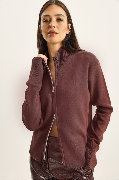 Halvstående Turtleneck Ribbad Stickad Kofta med Dragkedja - Image 3