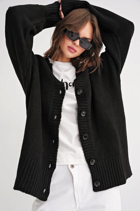 Buttoned V-Neck Ribbed Knit Cardigan - Image 1