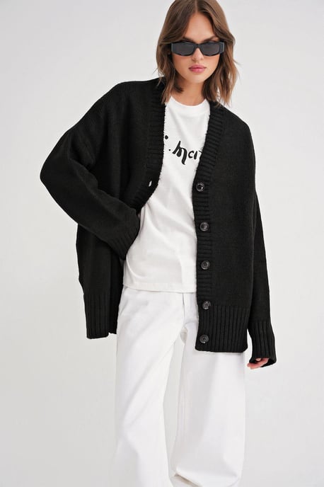 Buttoned V-Neck Ribbed Knit Cardigan - Image 2