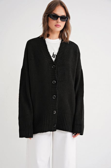 Buttoned V-Neck Ribbed Knit Cardigan - Image 5
