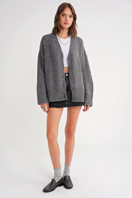 Buttoned V-Neck Ribbed Knit Cardigan - Image 2