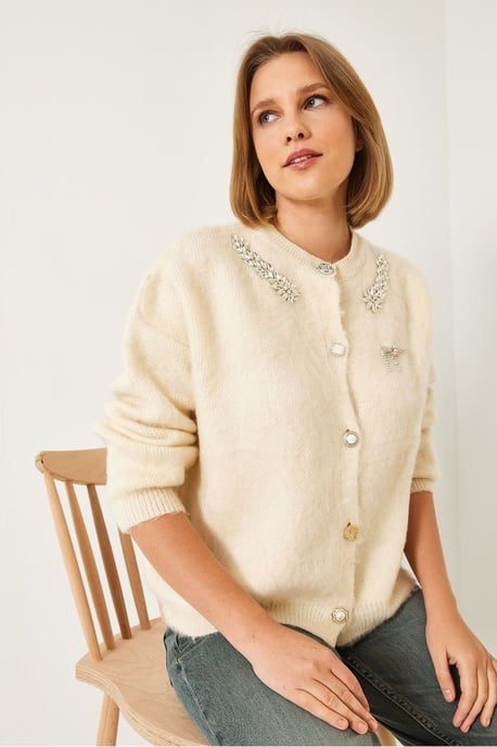 Embellished Crew Neck Long Sleeve Cardigan - Image 2
