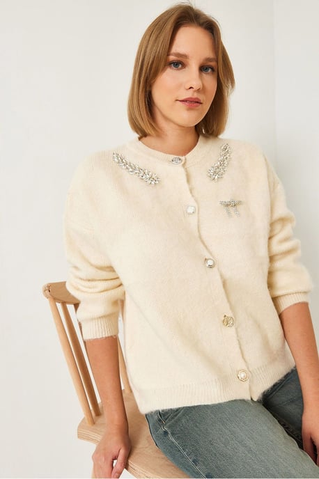 Embellished Crew Neck Long Sleeve Cardigan - Image 3