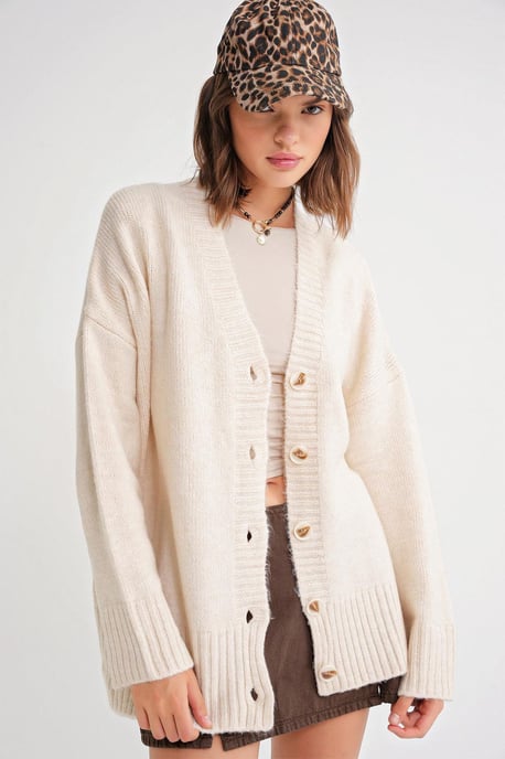 Geknoopte V-hals Geribbelde Brei Cardigan - Image 1