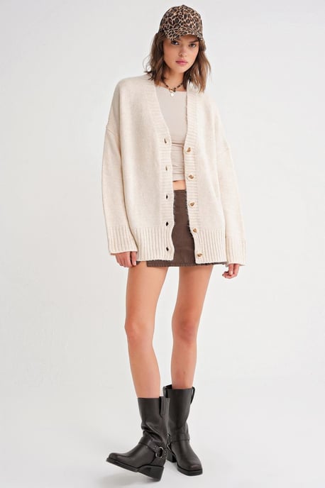 Geknoopte V-hals Geribbelde Brei Cardigan - Image 2
