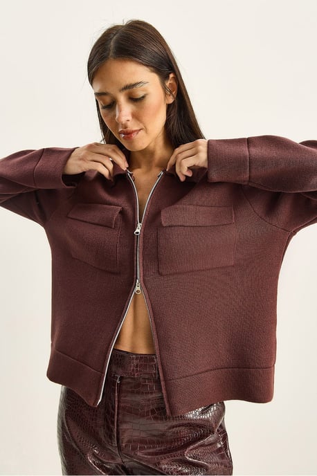 Ribbad stickad cardigan med dragkedja och fickor - Image 3
