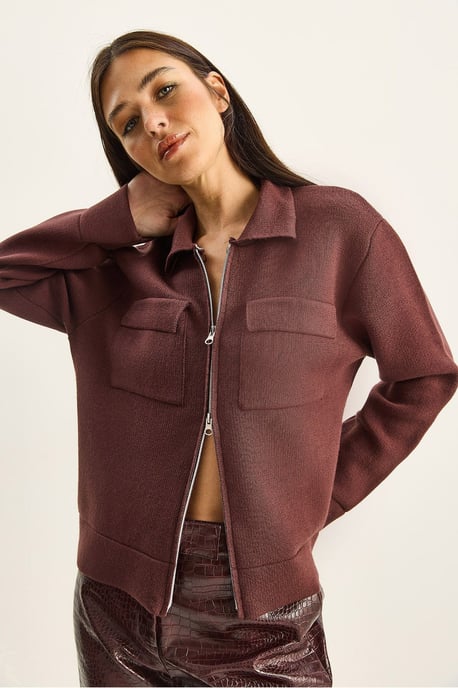 Ribbad stickad cardigan med dragkedja och fickor - Image 4