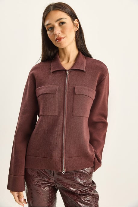 Ribbad stickad cardigan med dragkedja och fickor - Image 5