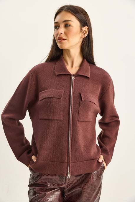 Ribbad stickad cardigan med dragkedja och fickor - Image 6