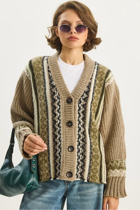 Ethnic Print V-Neck Long Sleeve Button Closure Cardigan - Image 1