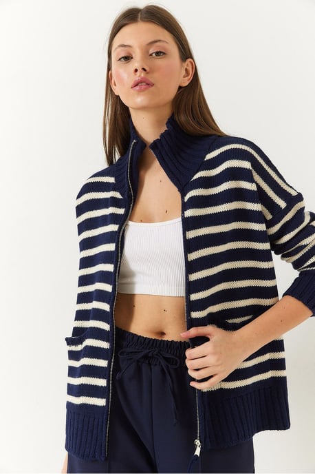 Randig zip-up stickad cardigan med fickor - Image 3