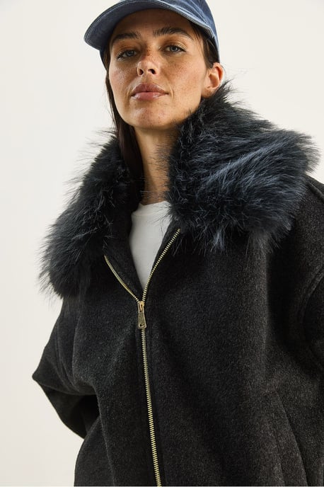 Överdimensionerad zip-jacka med pälskrage - Image 5