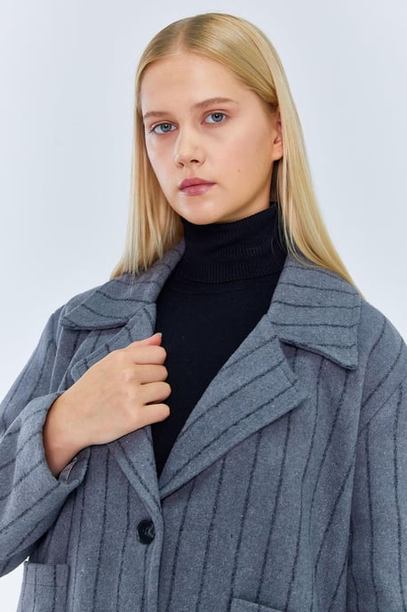 Oversized Randig Knappad Jacka - Image 5