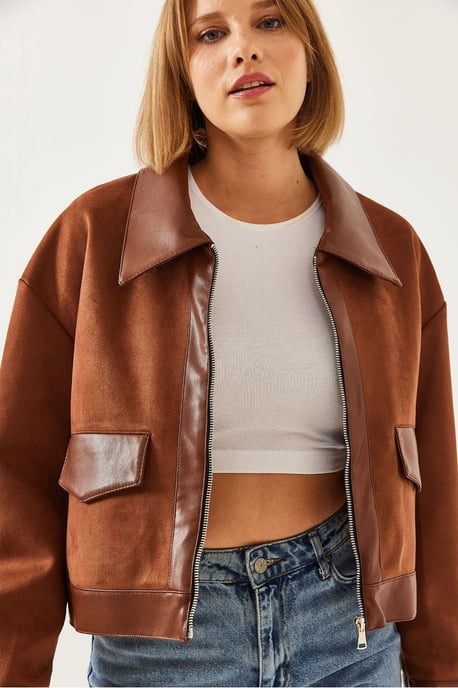Faux läder kort boxjacka med skjortkrage - Image 3
