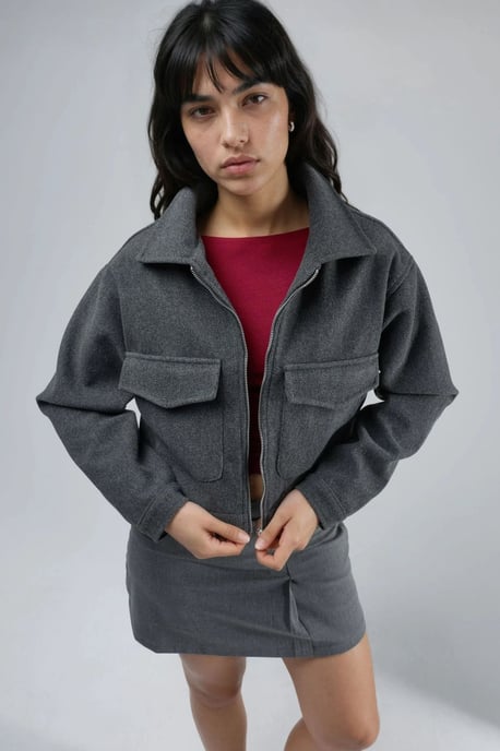 Crop Gabardine Jacket with Zipper and Pocket - Image 2