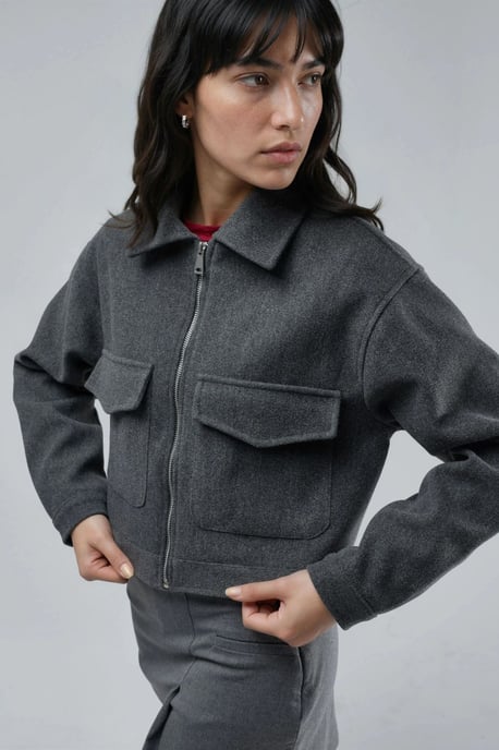 Crop Gabardine Jacket with Zipper and Pocket - Image 3
