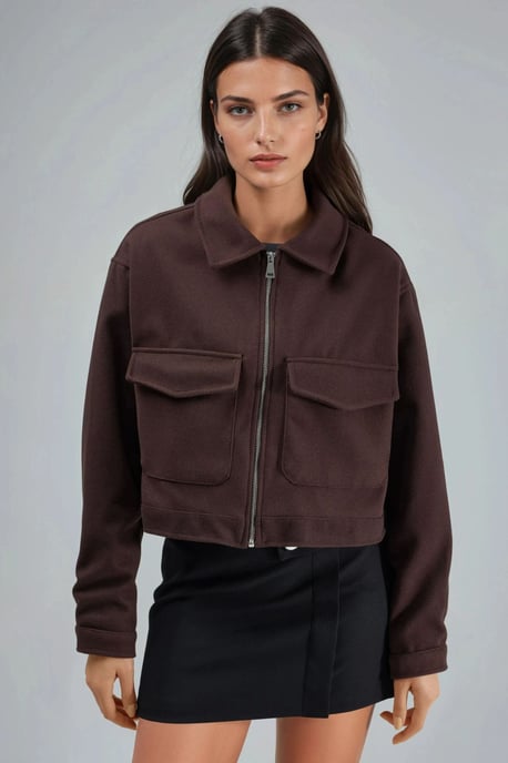 Crop Gabardine Jacket with Zipper and Pocket - Image 1